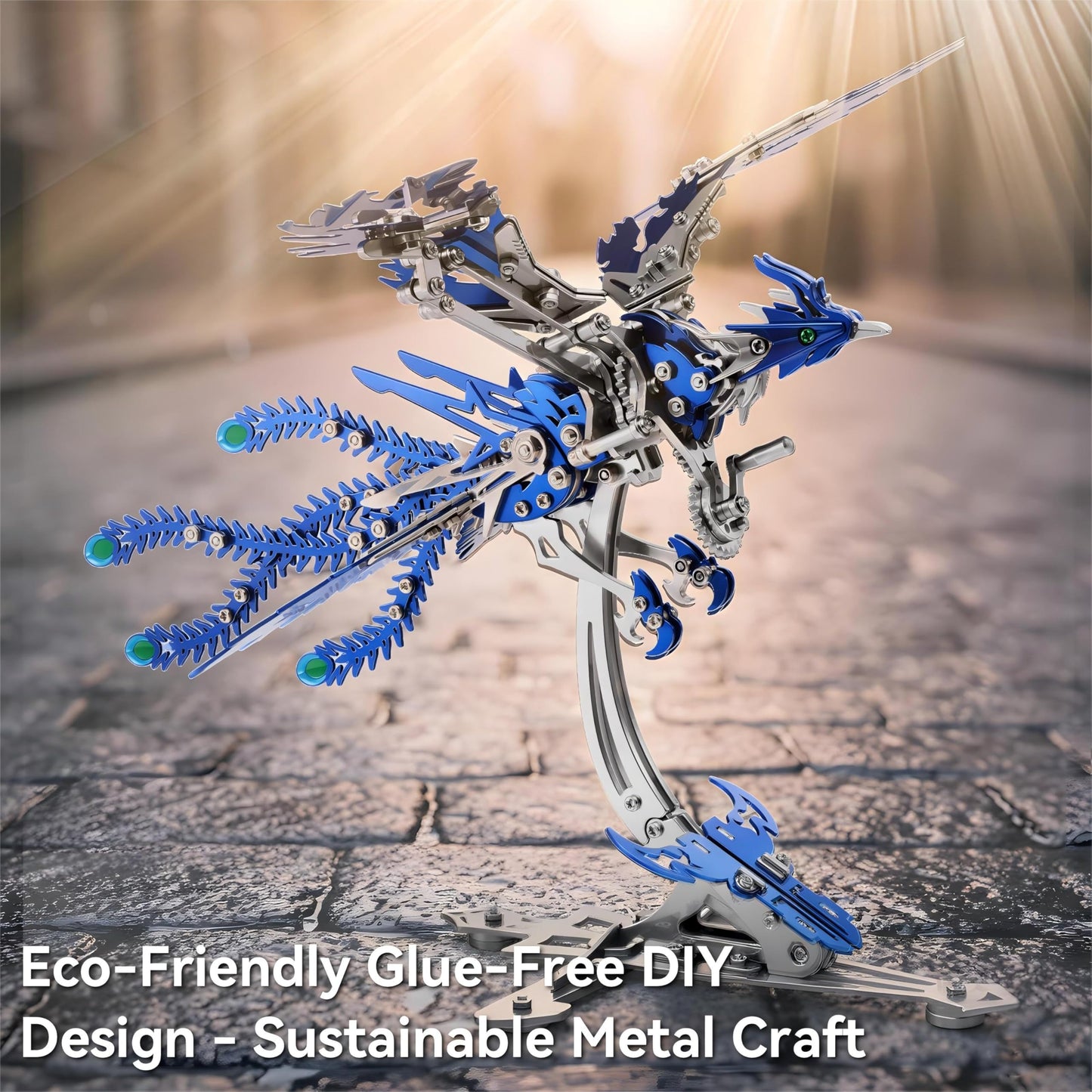 Gold-Plated Metal Phoenix Model Kit - 3D Stainless Steel Mythical Bird Puzzle for Adults - Mechanical Firebird Figurine - Steampunk Kinetic Art Sculpture - Home Decor Gift(Phoenix-Blue)