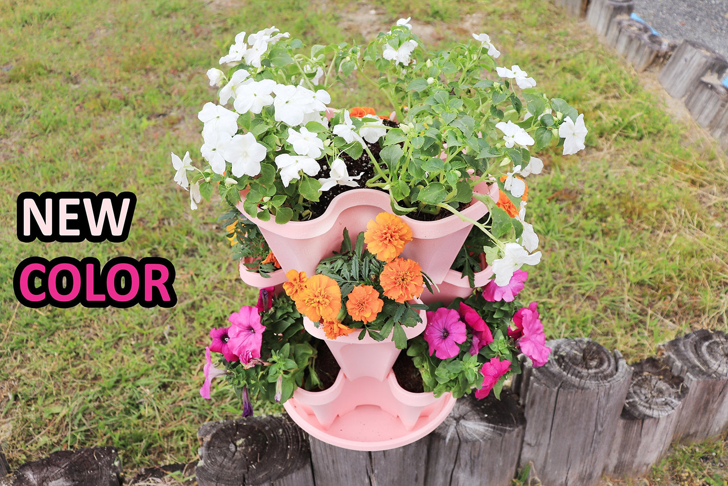 Mr. Stacky 5-Tier Pink Strawberry and Herb Garden Planter - Stackable Gardening Pots with 10 Inch Saucer