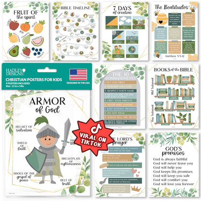 Hadley Designs Sunday School Decorations for Classroom –9 Bible Posters for Kids, Books of the Bible, 10 Commandments, Bible Timeline Chart, Fruits of the Spirit, Greenery Christian Classroom Decor