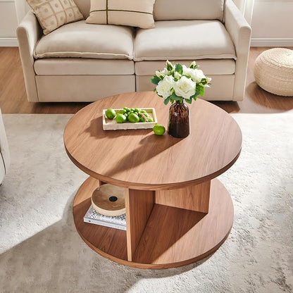 JXQTLINGMU Round Coffee Table for Living Room, 32" Modern Center Table with Cross Support Structure & Open Storage Cubby, Wood Circle Cocktail Table for Small Space, Apartment, Dark Grain