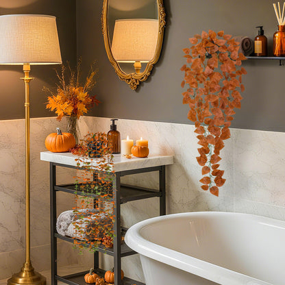Der Rose 4Pcs Fake Fall Plants Hanging Orange Artificial Eucalyptus Plants, Boston Fern, Fake Potho, String of Pearls for Halloween Bathroom Table Centerpiece Wall Mantle Decor Indoor and Outdoor