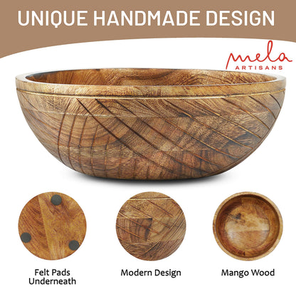Mela Artisans 12 in Wide x 4.5 in Tall Jai Valley Mango Wood Bowl with Felt Pads – Hand-Carved Decorative Serving and Fruit Bowl with Light Burnt Finish for Kitchen Counter, Salad, Snacks and Bread