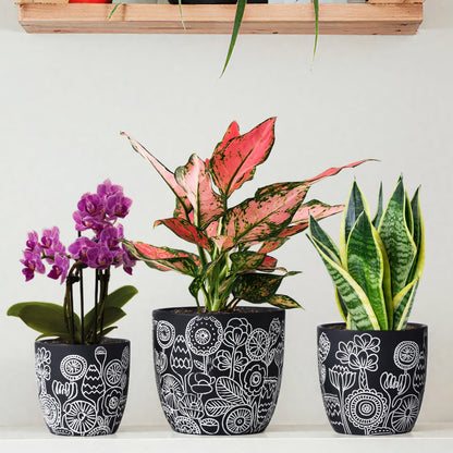 FUYHE Terracotta Pots, 6.5+5+4.4 Inch Plant Pots with Drainage Hole- Floral Pattern, Black Boho Ceramic Planters for Indoor Plants, Flower Pots Indoor Succulents, Herbs Plants,Set of 3