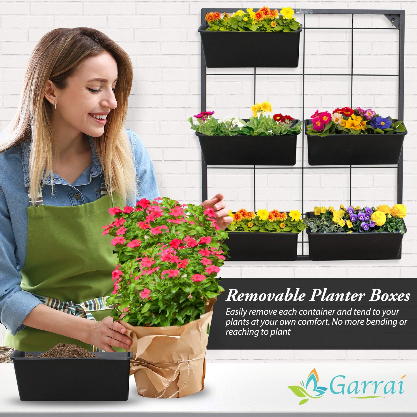 Garraí Vertical Garden Wall Planter. Ideal Indoor or Outdoor Container Gardening. Includes 6 Removable Pots and Wall Mounted Metal Frame. Self Draining Garden for Vegetables, Flowers or Herbs.