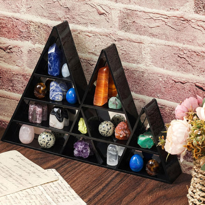 Cinnvoice Rock Display Case Adjustable 11 Grids Acrylic Display Case with Mirrored Crystal Organizer for Collectible, Crystal, Stones, Wall Mountable, Magnetic Door(Black Border, Mountain Style)