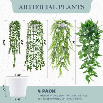 Der Rose 4Pcs Fake Plants Hanging Artificial Ivy Vine Faux Eucalyptus Hanging Plants, Boston Fern, String of Pearls for Living Room Bedroom Boho Wall Shelf Indoor Outdoor Decor (White Pots)