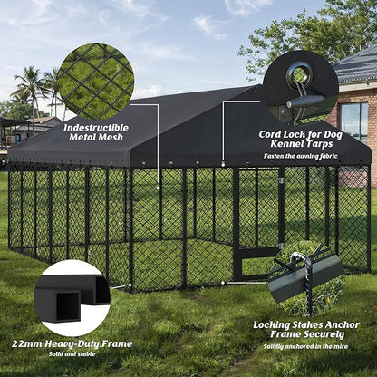 10x10FT Dog Kennel Outdoor with Roof - Heavy Duty Metal Fence Playpen for Large Dogs, Weatherproof Enclosure with Double Lock Gate & Feeding Swivel Door