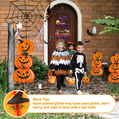 CAMATET Halloween Metal Pumpkin Yard Stakes, Stackable Pumpkin Signs Garden Stake with Witch Door Hanging, Outdoor Halloween Decorations for Lawn Party (Set of 3, Style B)