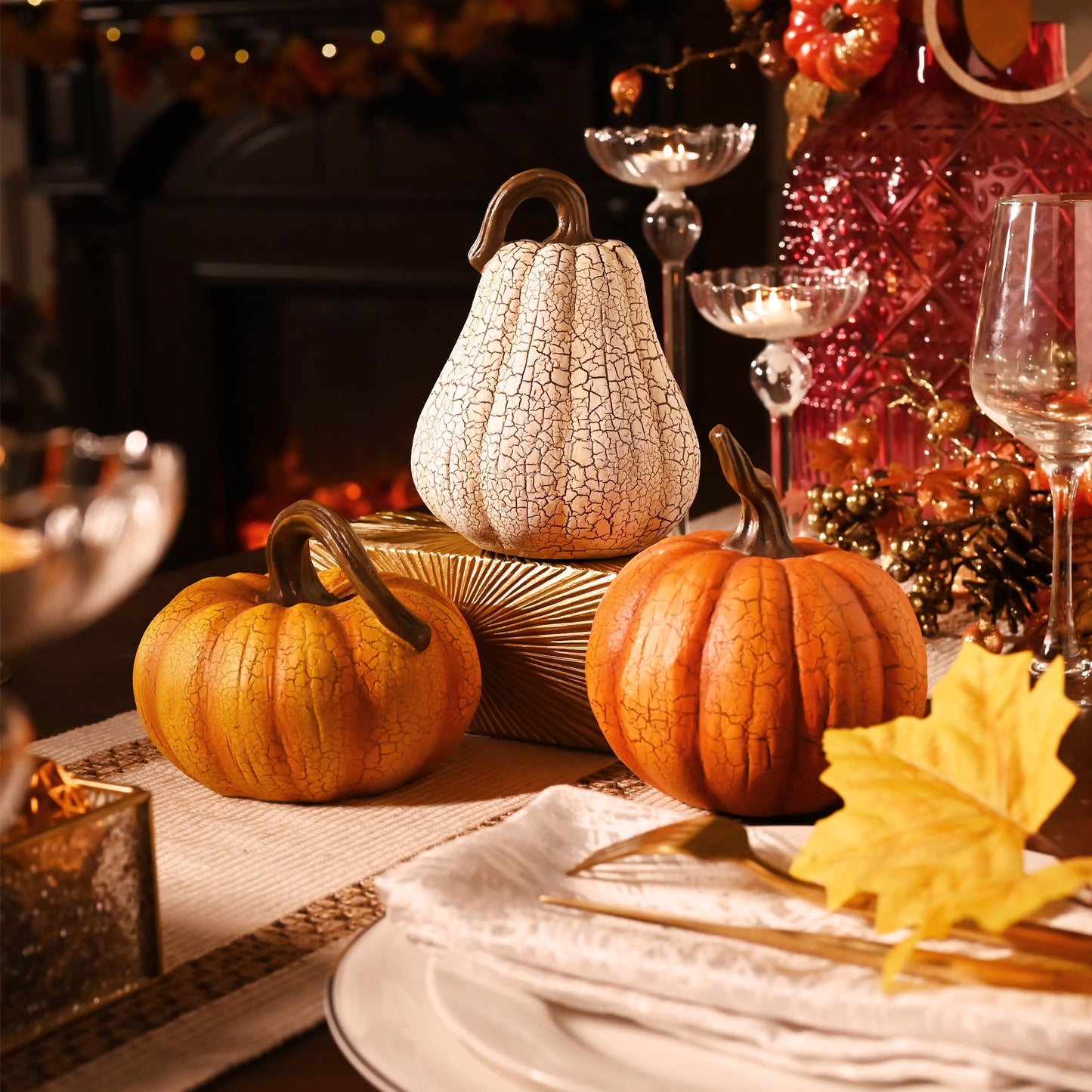 Valery Madelyn Fall Pumpkin Table Decor Cracked Pumpkin Figurine Fall Decoration for Home, 3pcs Resin Autumn Harvest Thanksgiving Halloween Party Tabletop Centerpieces, 6.7 inch