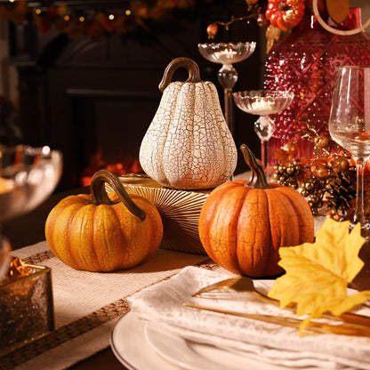 Valery Madelyn Fall Pumpkin Table Decor Cracked Pumpkin Figurine Fall Decoration for Home, 3pcs Resin Autumn Harvest Thanksgiving Halloween Party Tabletop Centerpieces, 6.7 inch