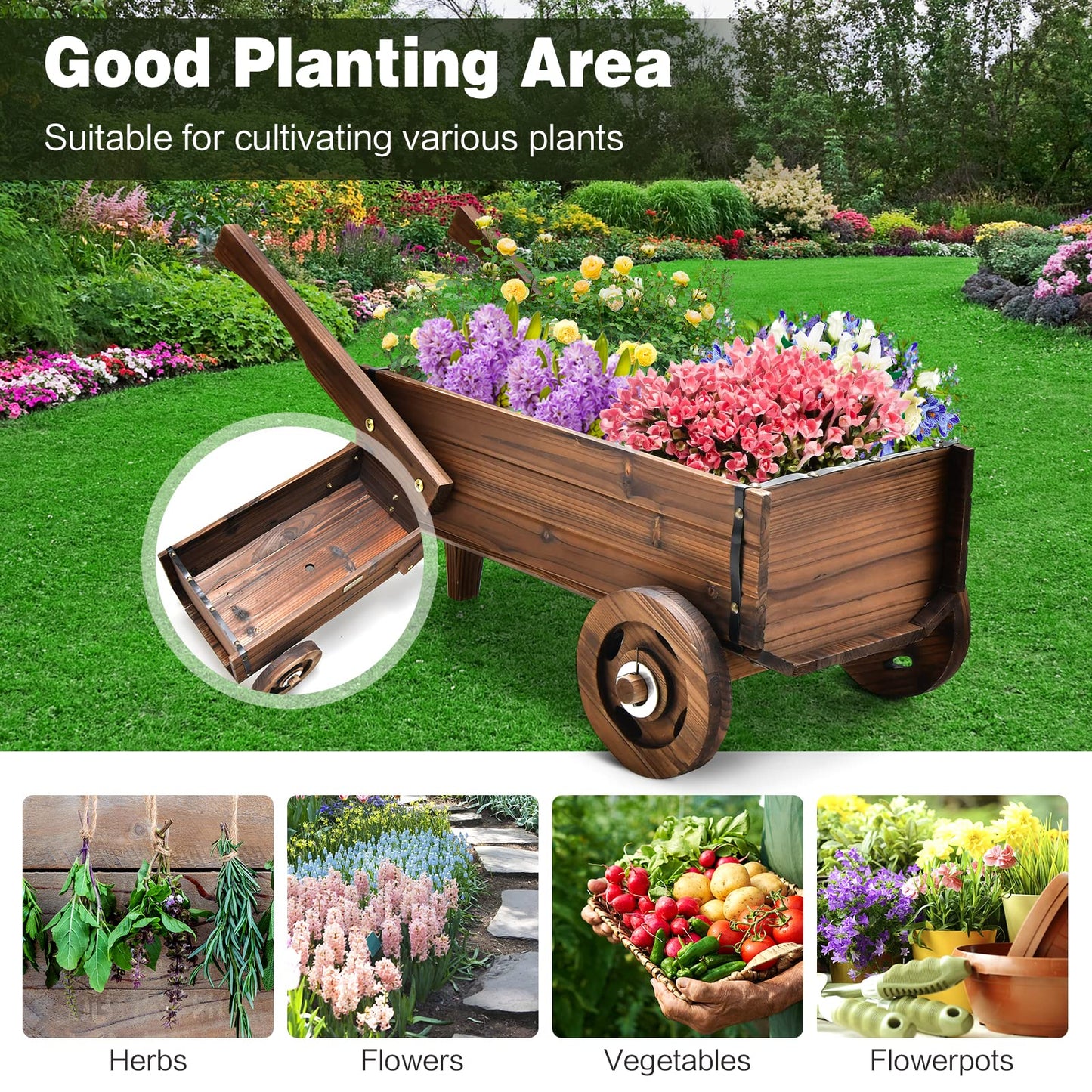 Giantex Wooden Wagon Planter Box, Decorative Wagon Cart with Wheels, Handles, Drainage Hole, Flower Planter Pot Stand, Rustic Flowerpot Planter, Indoor & Outdoor Garden Patio Balcony