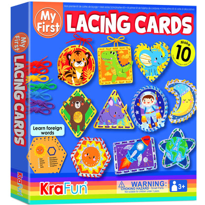 KRAFUN My First Lacing Cards for Boys & Girls Age 3+, 10 Holographic Space Animal Arts & Crafts Projects, Fine Motor Skills Toys with T-Rex Astronaut Rocket Tiger Elephant Dinosaur