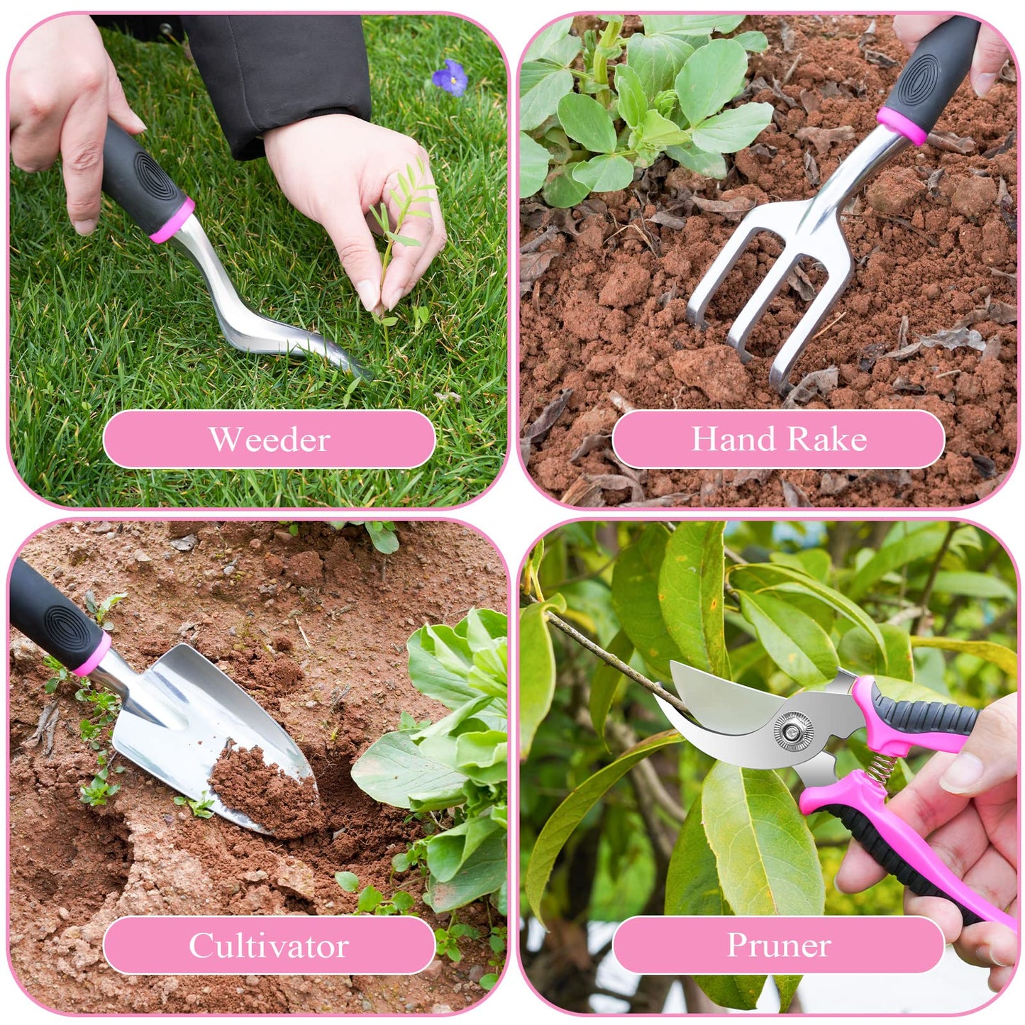 HLWDFLZ Pink Garden Tool Set Gardening Items for Women - 24PCS Heavy Duty Garden Tools with Detachable Storage Bag, Succulent Tool Set, Weeder