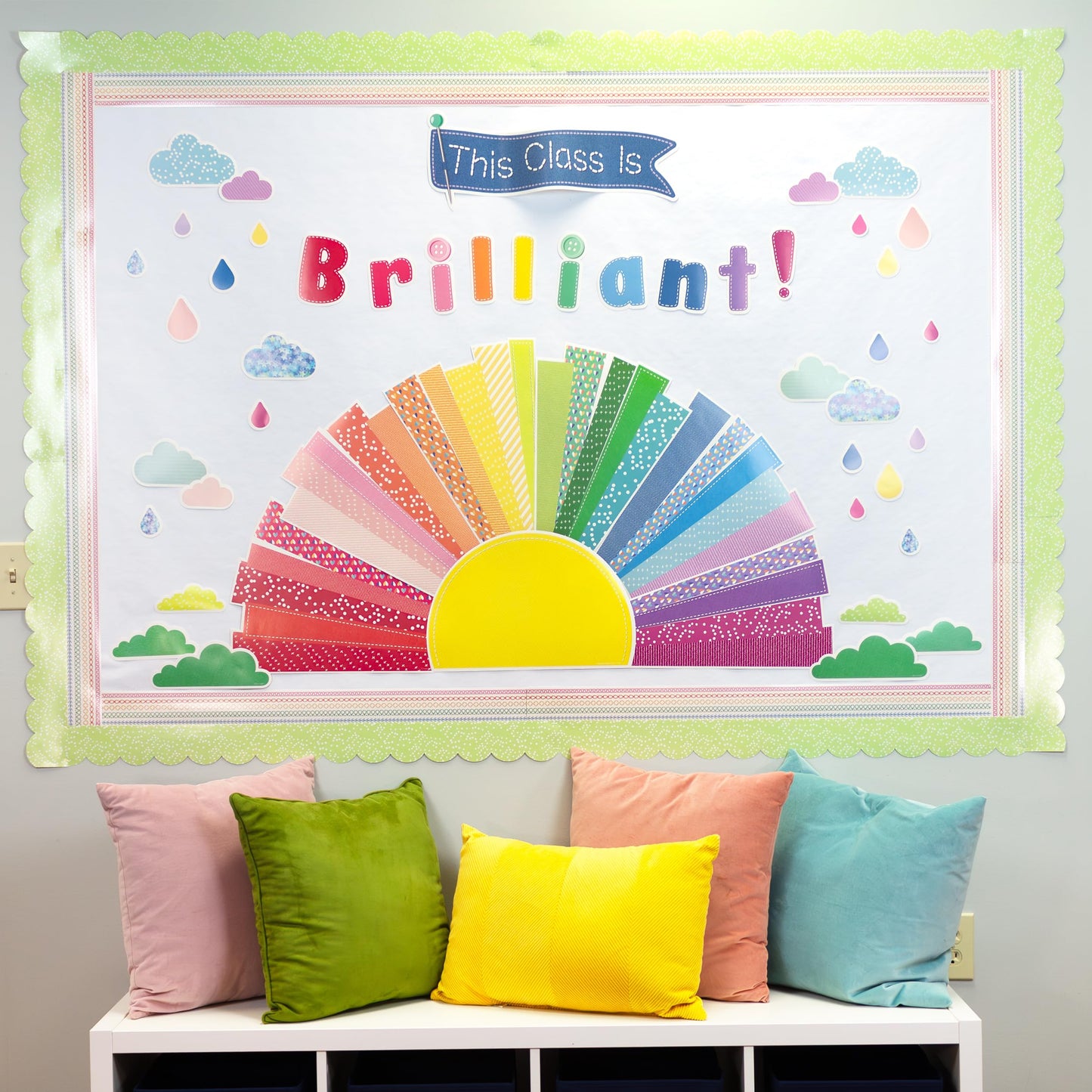 Carson Dellosa Crafty and Cool 69-Piece Motivational Bulletin Board Set, Banner with Inspirational Quote, Sun, Clouds, Grass, and Raindrops Classroom Decor