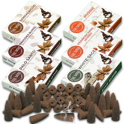 Woody - Backflow Incense Cones for Waterfall - Scented Inscents-Cones - Sandalwood, Dragons Blood, Palo Santo, White Sage - Insiensos Aromaticos - 6x10=60 Large Variety Pack - Back Flow Down Reverse