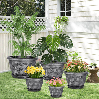 10-Inch -Plastic-Pots -For-Plant With Saucer, 4 Pack Outdoor Planters With Drainage Holes, Decorative Flower Pots For Indoor Plants, Modern 3D Swirl Silver Plant Pots With With Removable Tray