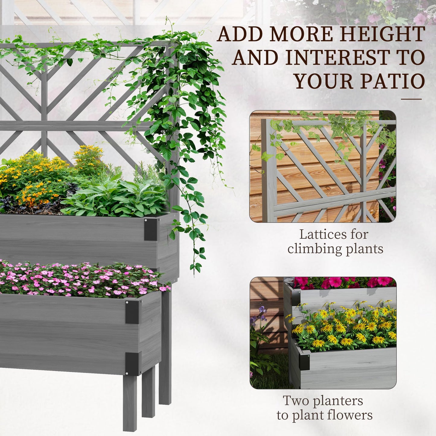 Outsunny 2-Tier Raised Garden Bed with Trellis, Wooden Elevated Planter Box with Drainage Holes, Liners, Metal Corners, Trellis Planter for Climbing Plants, Flowers, Herbs, 42.5" x 25.5" x 55", Gray
