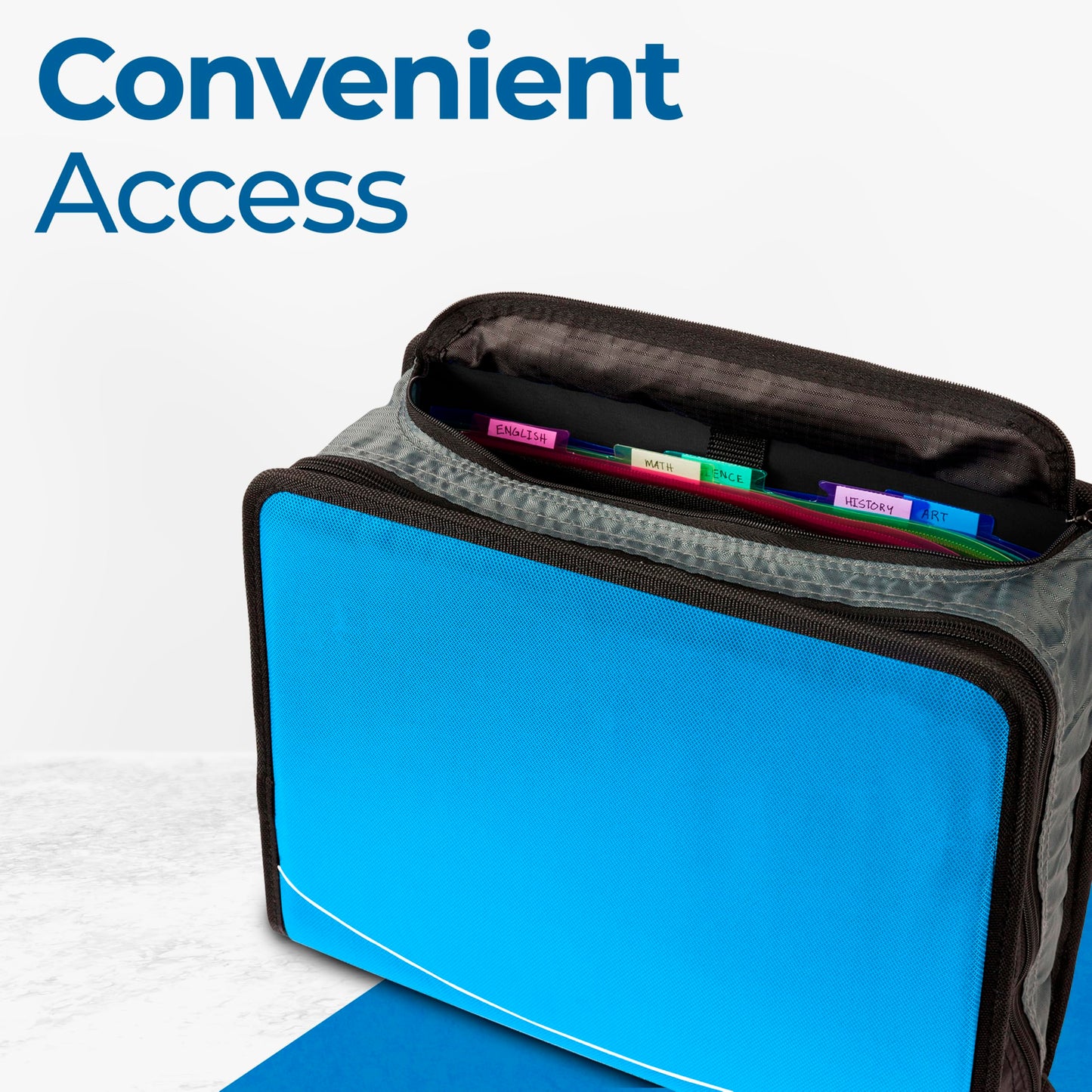 Case-it Mighty Zip Tab Zipper Binder, 3" O-Ring with 5-Color tabbes, Expanding File Folder and Shoulder Strap and Handle, D-146-Denim Blue