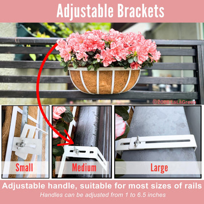 LaLaGreen Deck Railing Planters (2 Pack, 16 Inch) White Metal Rectangular Window Flower Box with Coco Liner, Wall Hanging Planter for Outdoor Plants Deck Rail Fence Balcony Patio Porch Garden Decor
