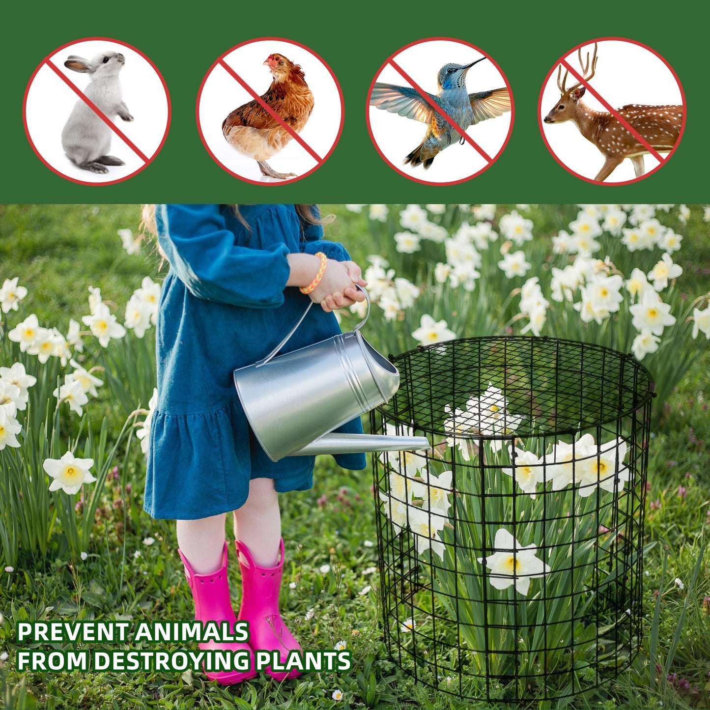 4 Sets of DIY Metal Plant Protectors from Deer, Garden Fencing Animal Barrier Size 11.8 * 12.9 inches, Mesh Plant Cage Chicken Wire Cloche for Plants with Stakes and Nylon Cables