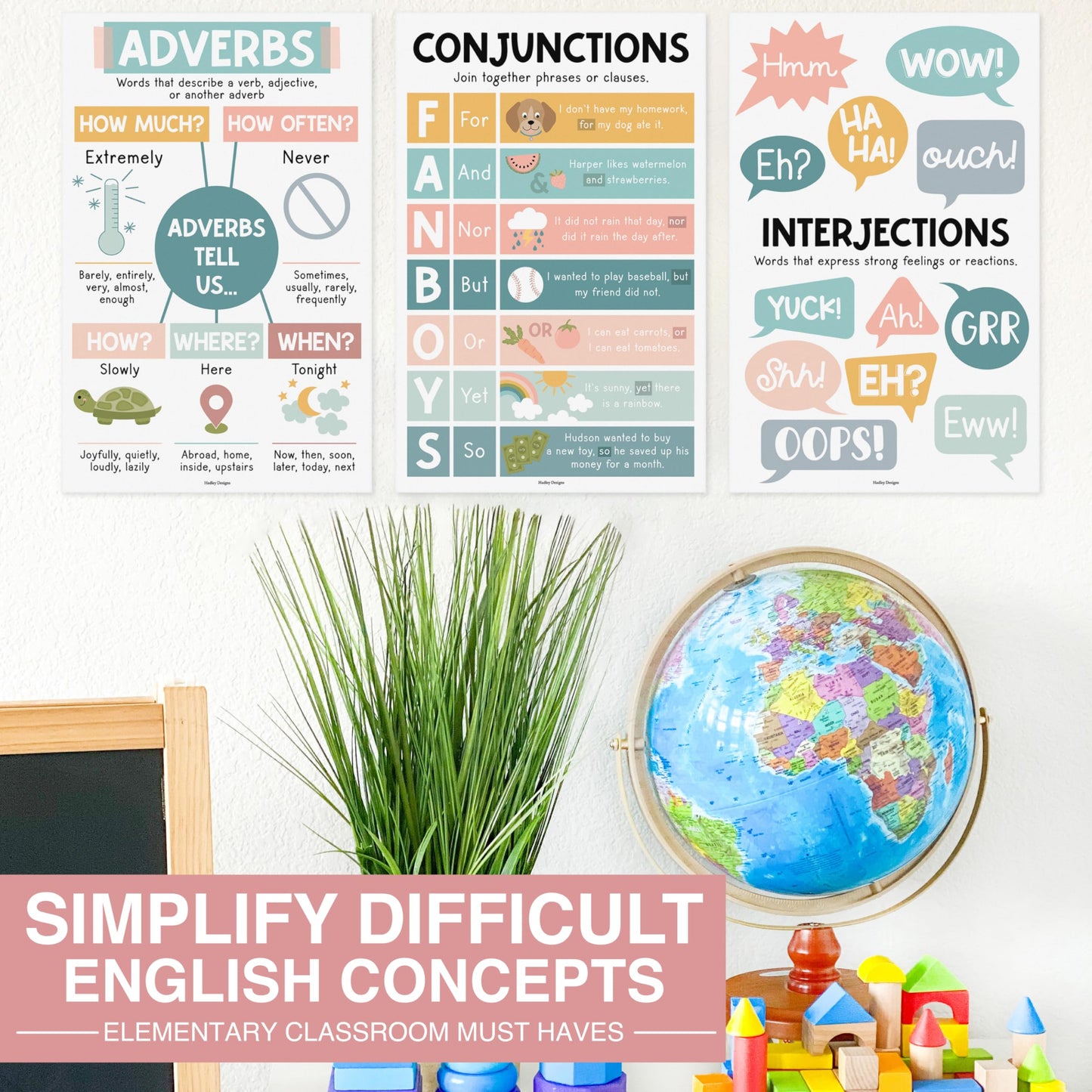 Parts of Speech Posters for Classroom Must Haves - 12 Grammar Posters, Writing Process for Homeschool, Elementary & Middle School, ELA 3rd 4th & 5th Grade Teacher Must Haves, Boho Classroom Décor
