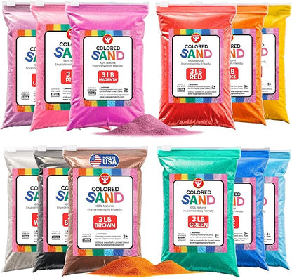 Hygloss Colored Sand for Crafts -12 Assorted Colors Bags - 3 lb Vibrant Colorful Fine Sensory Play Sand Art Kits for Kids - Classroom Activities for Children 3 4 5 6 7 8 9 10 11 12 - Safe for Ages 3+