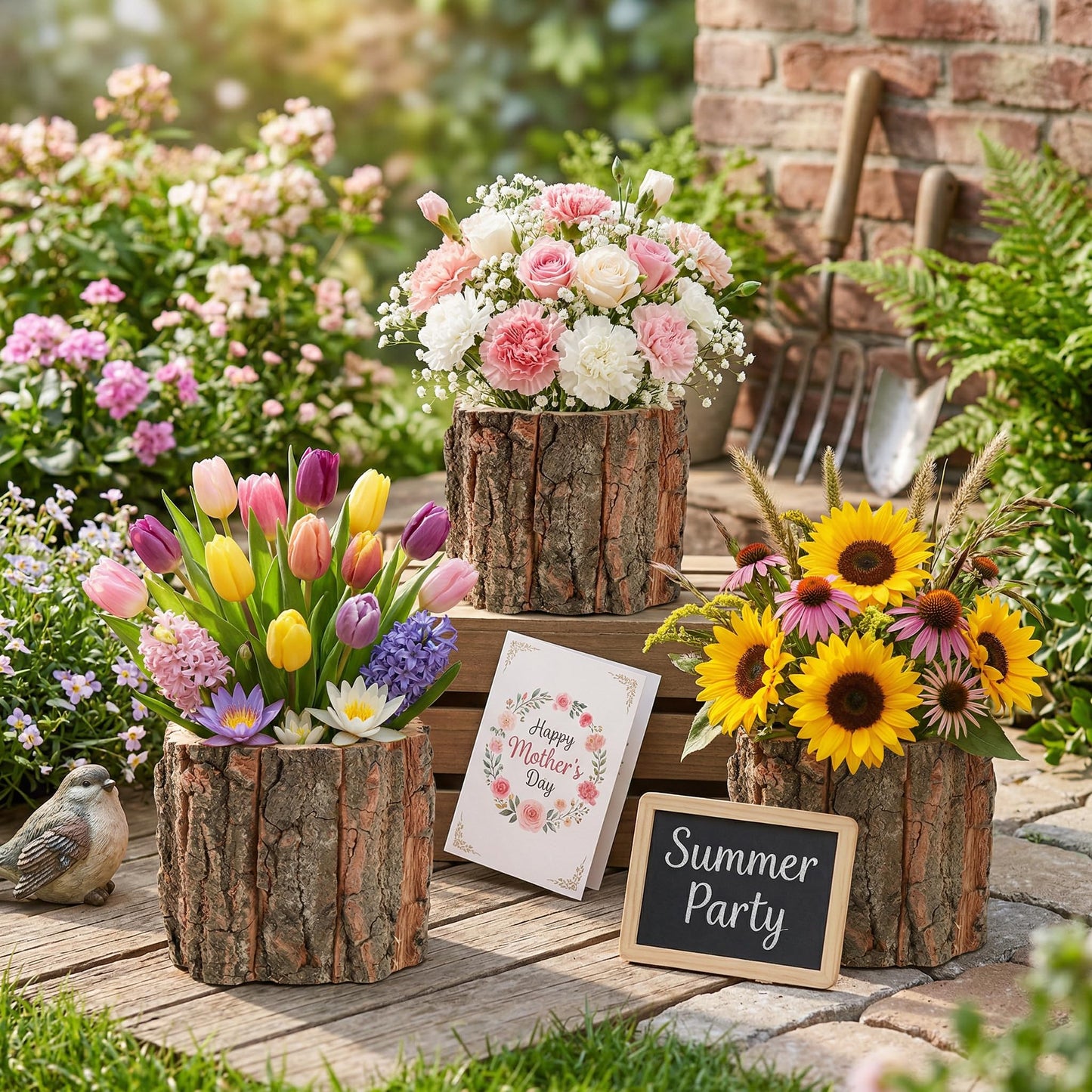 Housoutil Wooden Vase for Centerpieces, 6 Pack Wood Flower Vase Rustic Tree Stump Planter Pots, Wooden Bark Flower Bucket for Wedding, Farmhouse Christmas Table Decor, Round Bark Stump Pots