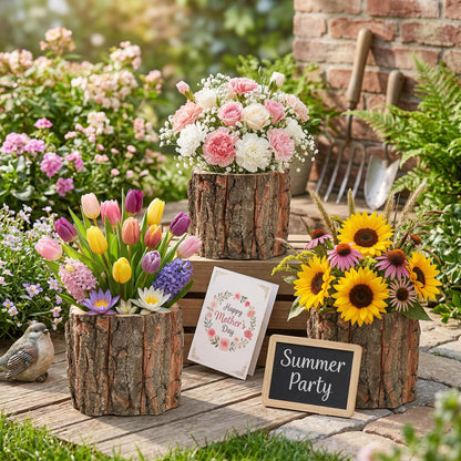 Housoutil Wooden Vase for Centerpieces, 6 Pack Wood Flower Vase Rustic Tree Stump Planter Pots, Wooden Bark Flower Bucket for Wedding, Farmhouse Christmas Table Decor, Round Bark Stump Pots