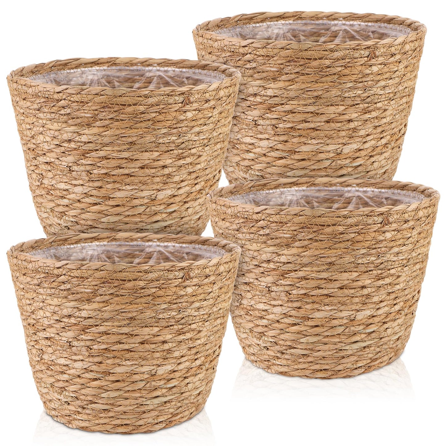4 Pcs Large Premium Seagrass Planter Basket with Plastic Lining Natural Stylish Planter Baskets Indoor Outdoor Plants Woven Wicker Baskets for Plants Flower Pots Cover and Room Decor(10.2x7.5x7.5")