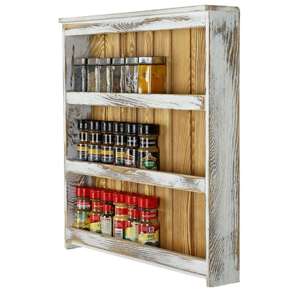 MyGift 3 Tier Spice Rack Wall Mount, Hanging Kitchen Pantry Storage Shelf for Seasoning Jars or Condiment Bottles, Shabby White Washed and Rustic Natural Burnt Solid Wood