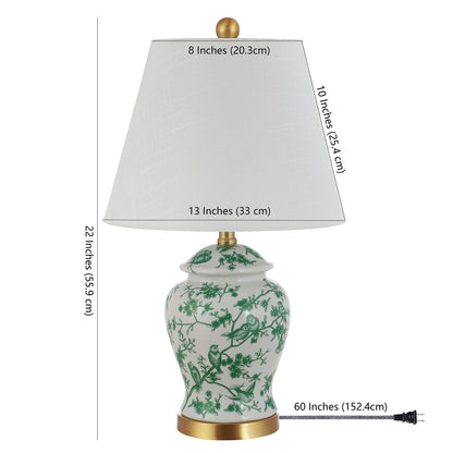 JONATHAN Y 22" White/Green Ceramic Table Lamp, French Country Chinoiserie Ginger Jar LED Bedside Lamp for Living Room Bedroom, White Linen Shade (JYL3005B)