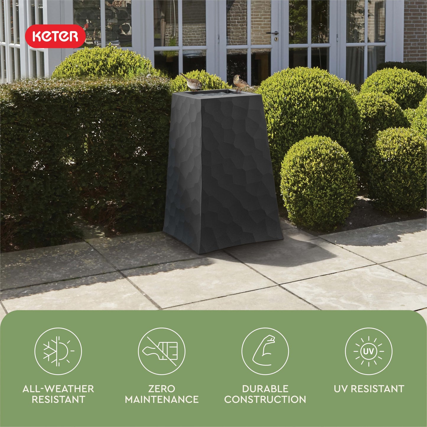 Keter Stone Tapered Planter Set of 2, Tall 26.4‑Inch Resin Outdoor Flower Pots with Stone‑Look Finish and 12.2‑Gallon Capacity, Graphite