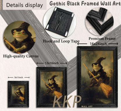 KKP Vintage Frog Witch Wall Art, Framed Goth Frog on Broom Canvas Prints