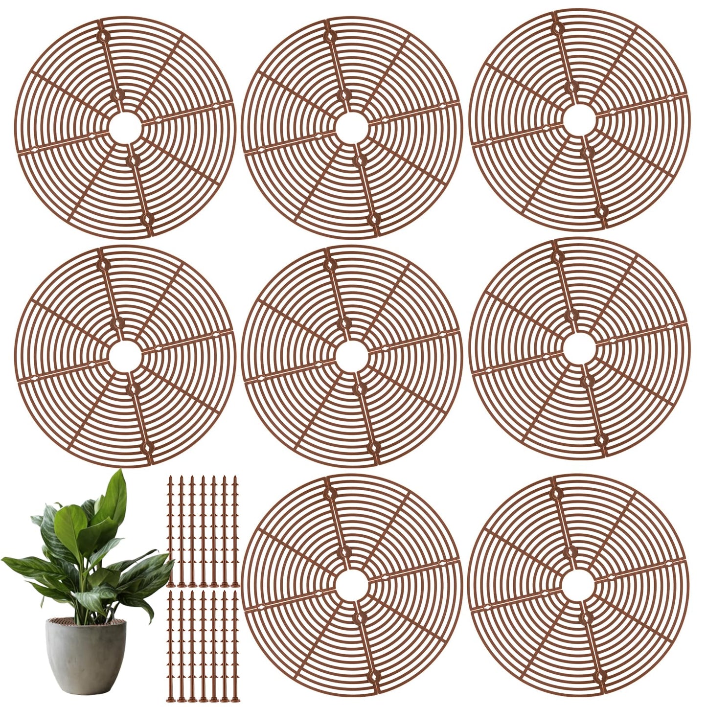TAICHEUT 8 Pcs Plant Pot Grid, 11.8 inch Brown Plant Pot Cover, Indoor Planter Protector with 64 Deep Stakes for Dogs Cats Digging Stopper