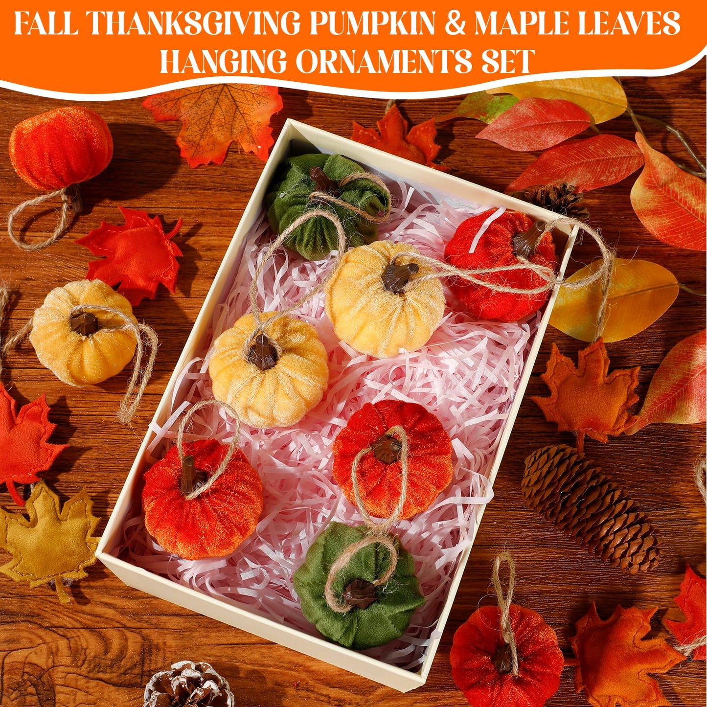 Janinka 20 Pcs Thanksgiving Tree Decoration Velvet 2 Inch Fall Leaves Pumpkin Hanging Ornament Thanksgiving Tree Ornament Velvet Maple Leaf Pumpkin Small Trees Decorations for Farmhouse Harvest Autumn