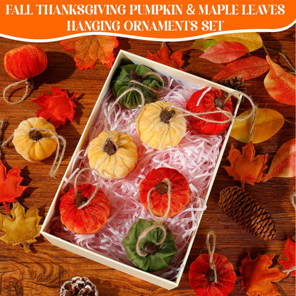 Janinka 20 Pcs Thanksgiving Tree Decoration Velvet 2 Inch Fall Leaves Pumpkin Hanging Ornament Thanksgiving Tree Ornament Velvet Maple Leaf Pumpkin Small Trees Decorations for Farmhouse Harvest Autumn