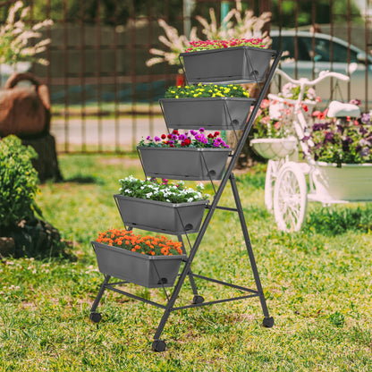 GENMOUS 5 Tier Raised Garden Bed Tall 45FT Vertical Elevated Garden Planter Standing Garden Bed Planter Box with Drainage Holes Removable Tray Outdoor Herb Planter Stand on Patio Balcony Porch Black