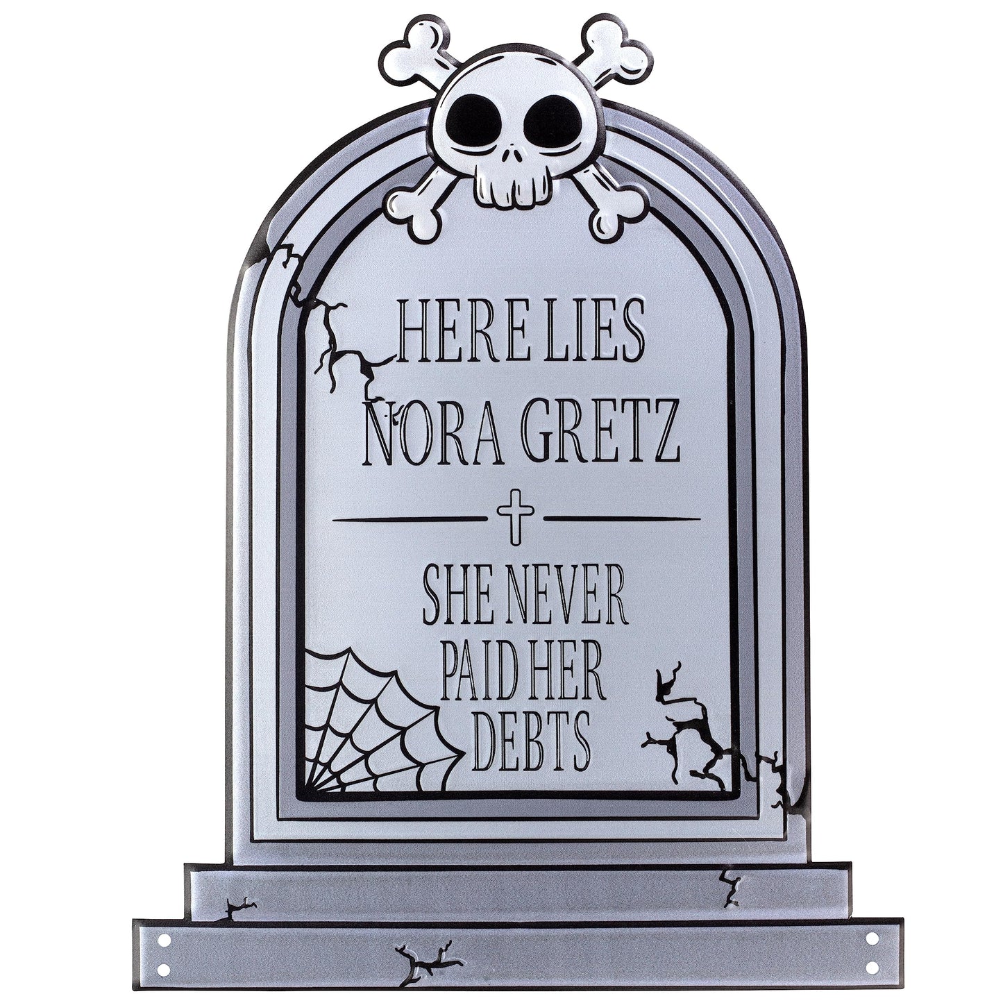 3-D Metal Halloween Ghost XL 17" Tombstone w Stakes - RIP Nora Gretz- Durable, Rustproof, UV Raised Printing- Upgrade Your Haunted House Mansion w Cemetery Lawn Decor- No More Flimsy Foam Graveyards