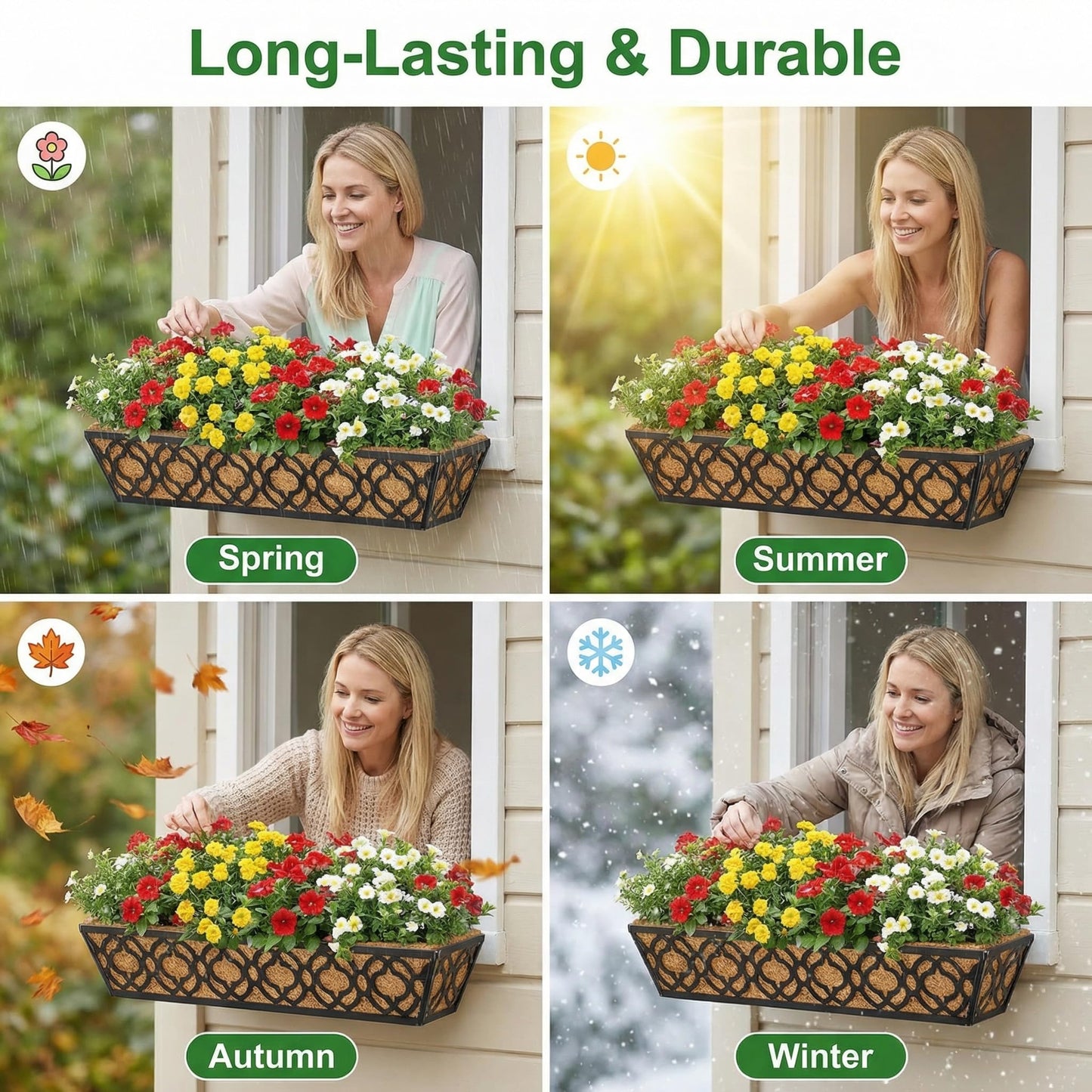 Y&M 4pcs 24 Inch Window Deck with Coconut Coir Liner, 24" Railing Planter Horse Trough Coco Basket Boxes Metal Hanging Flower Balcony for Outdoor Garden Fence Lawn