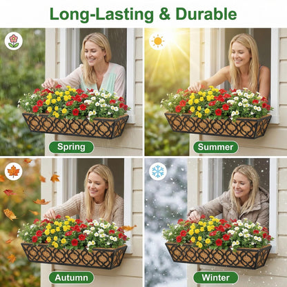 Y&M 4pcs 24 Inch Window Deck with Coconut Coir Liner, 24" Railing Planter Horse Trough Coco Basket Boxes Metal Hanging Flower Balcony for Outdoor Garden Fence Lawn