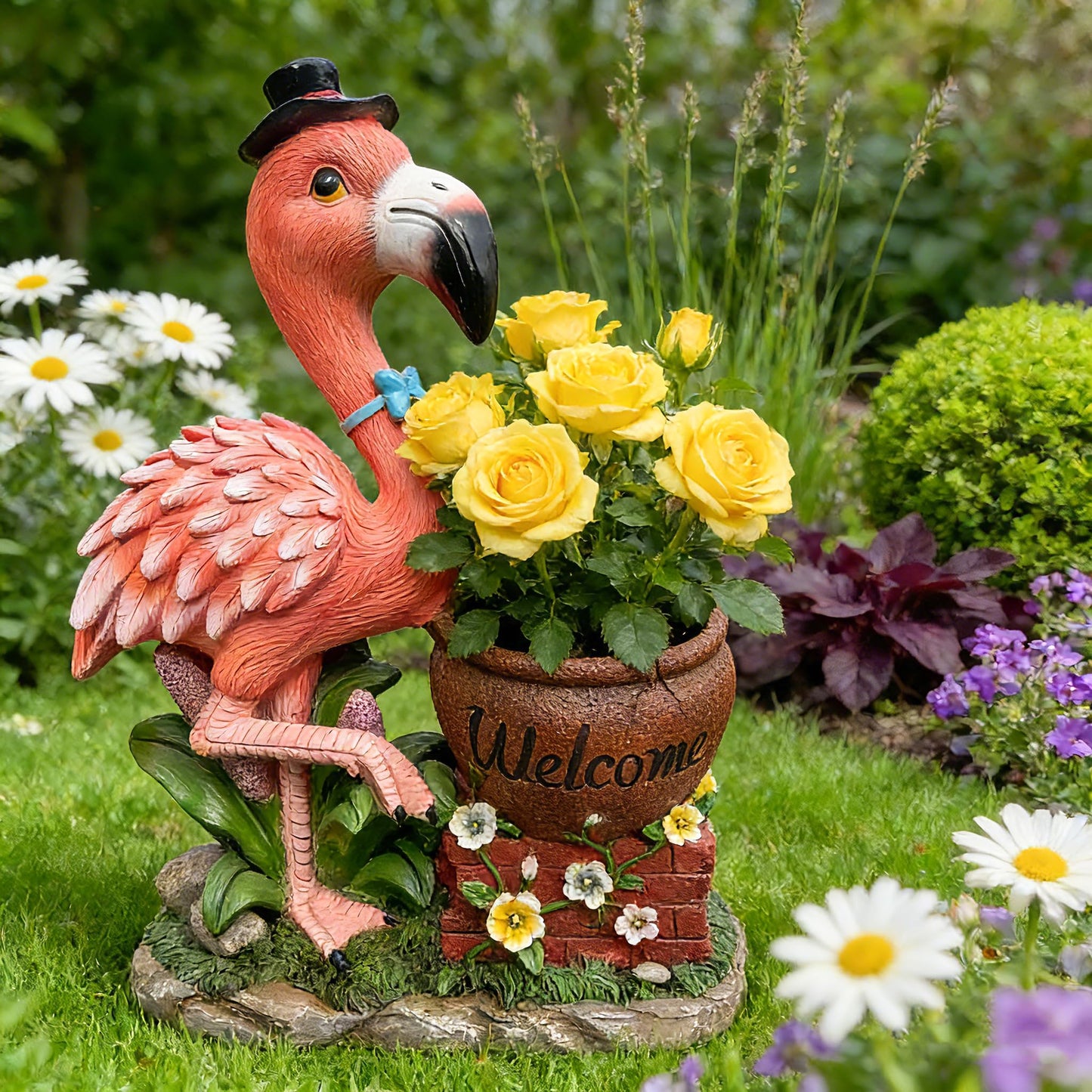 elesculor Flamingo Planter, Outdoor Welcome Sign Animal Flower Pot, Large Standing Bird Statue Yard Art Decor for Garden Patio and Front Porch - Top Hat