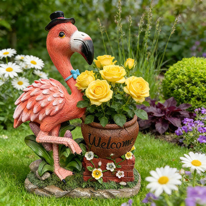 elesculor Flamingo Planter, Outdoor Welcome Sign Animal Flower Pot, Large Standing Bird Statue Yard Art Decor for Garden Patio and Front Porch - Top Hat