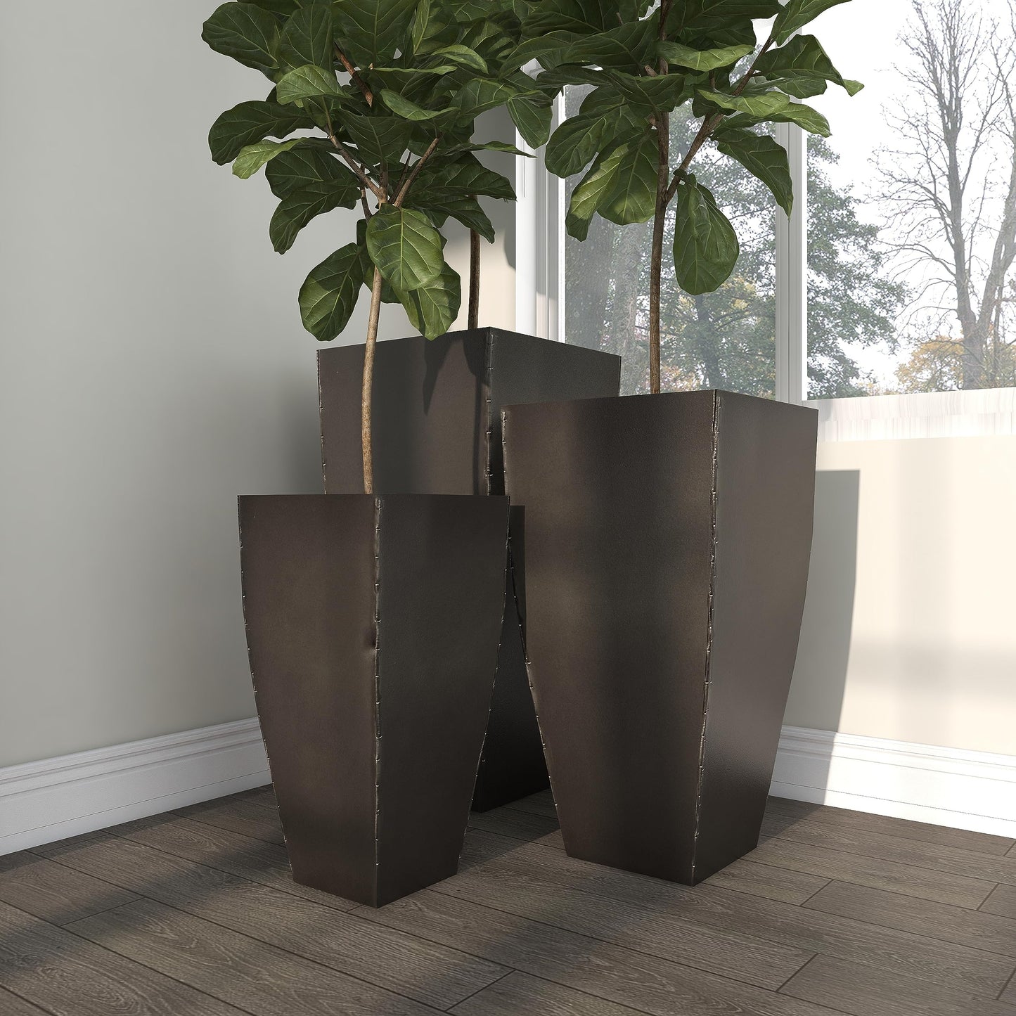 Deco 79 Metal Indoor Outdoor Planter Large Planter Pot with Tapered Base, Set of 3 Planters 20", 25", 30"H, Dark Gray