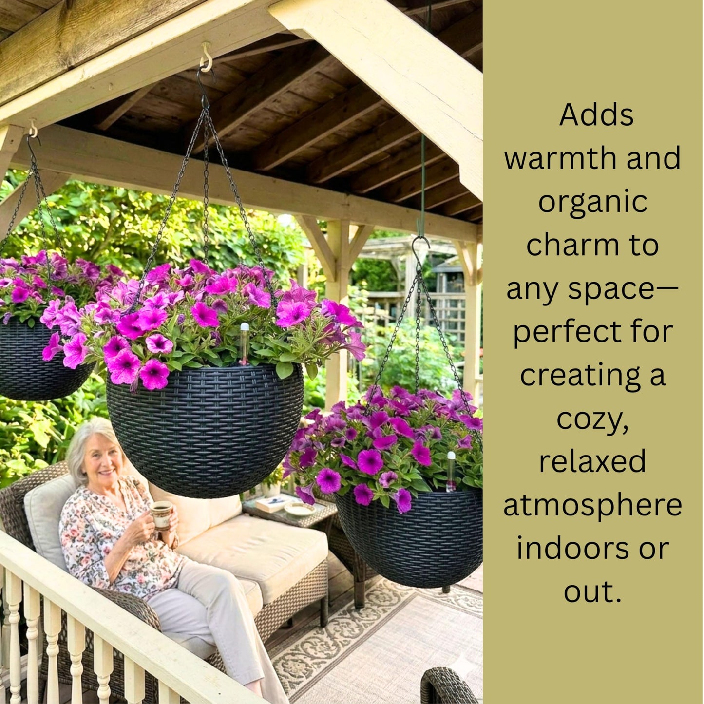 LaLaGreen Bundle- 3 Pack, 11 Black + 3 Pack, 11 Inch Brown Self Watering Hanging Plastic Basket Rattan Style Round Plant Flower Pots with Water Level Indicator Balcony Porch Modern Indoor Garden Decor