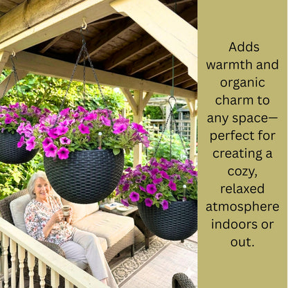 LaLaGreen Bundle- 3 Pack, 11 Black + 3 Pack, 11 Inch Brown Self Watering Hanging Plastic Basket Rattan Style Round Plant Flower Pots with Water Level Indicator Balcony Porch Modern Indoor Garden Decor