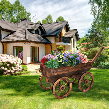 OIPRTGFJ Wood Wagon Planter for Outdoor Balcony Decor - Garden Rustic Wooden Flower Cart with Wheels for Outside Garden Decor Wheelbarrow Planter for Patio
