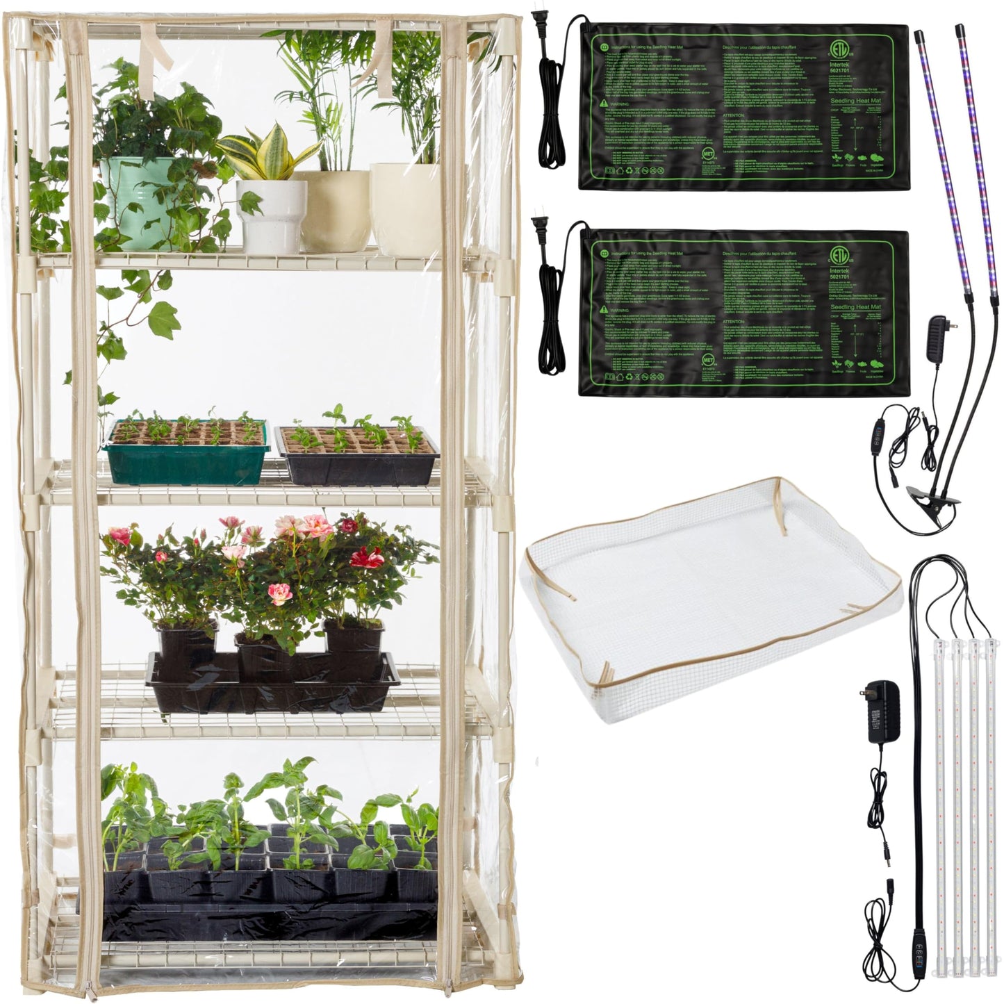 Carpathen Indoor Greenhouse with 4 LED Lights Strip + 2 Gooseneck Plant Lamp Clip-on + 2 Heat Mats - Mini Greenhouse with Zip PVC Cover