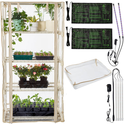 Carpathen Indoor Greenhouse with 4 LED Lights Strip + 2 Gooseneck Plant Lamp Clip-on + 2 Heat Mats - Mini Greenhouse with Zip PVC Cover