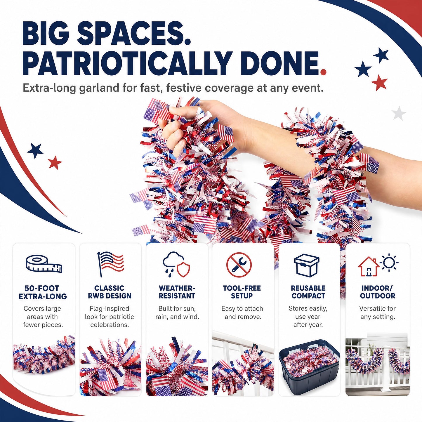 50 FT 4th of July Garland, Indoor & Outdoor Red White and Blue Patriotic Tinsel with American Flags, US Party Decor for Mantel, Stairs, Porch Railings, Golf Cart, Parade Float & America 250