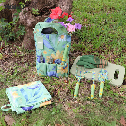 Patioland 10-Piece Garden Tool Set – Green Floral Print Gardening Hand Tools with Non-Slip Handles, Heavy Duty Rust-Proof Aluminum Tools, Organizer Tote Bag, Ideal Gardening Gifts for Women & Grandma